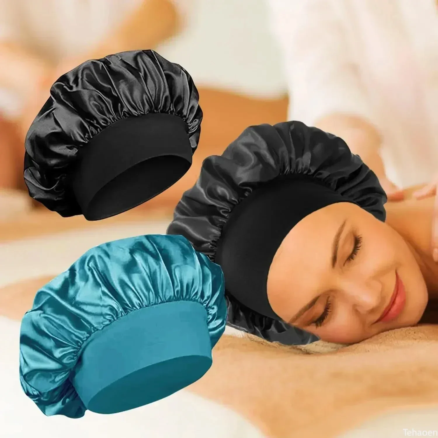 Women Night Sleep Hair Caps Silky Bonnet Satin Double Layer Adjust Head Cover Hat Shower Cap for Curly Hair Styling Accessories 6