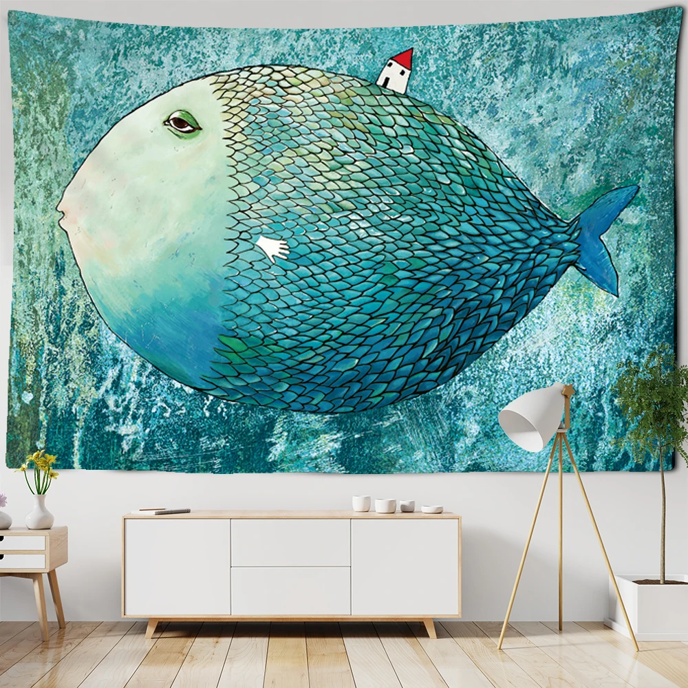 

Big Fish Small House Tapestry Mysterious Psychedelic Hippie Art Wall Hanging Tapestries for Living Room Decor Tapiz