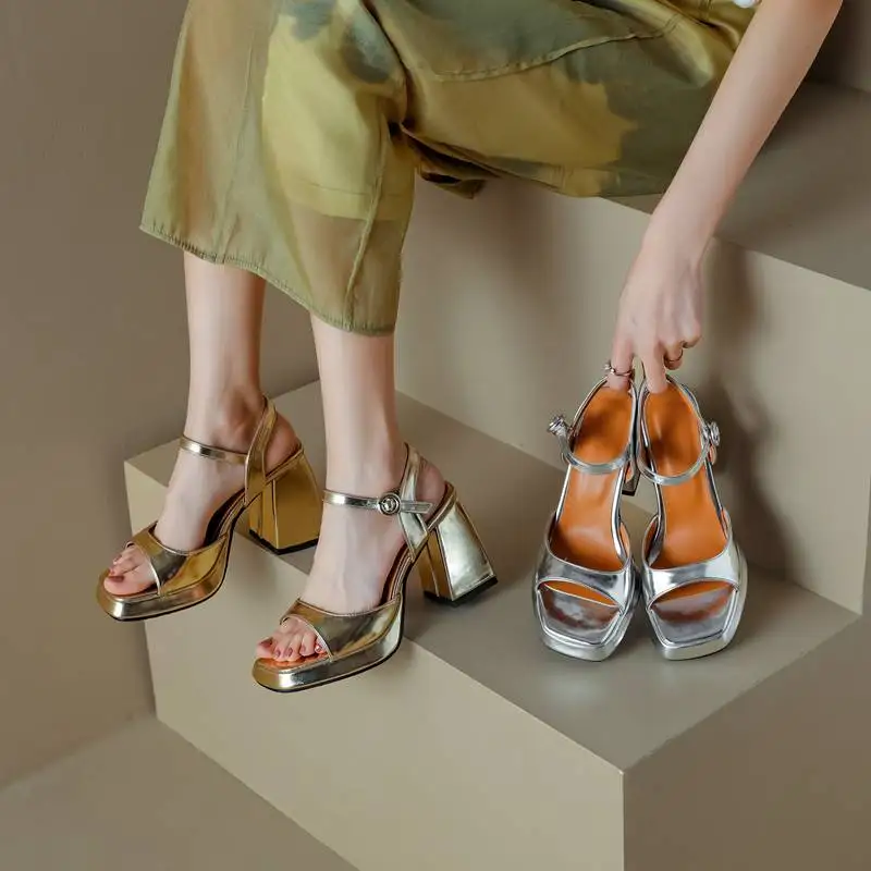 

ORCHA LISA Female Sandals Square Toe Chunky Heels 9cm Platform Buckle Strap Concise Soft Daily Women Shoes Plus Size 40 41 42 43