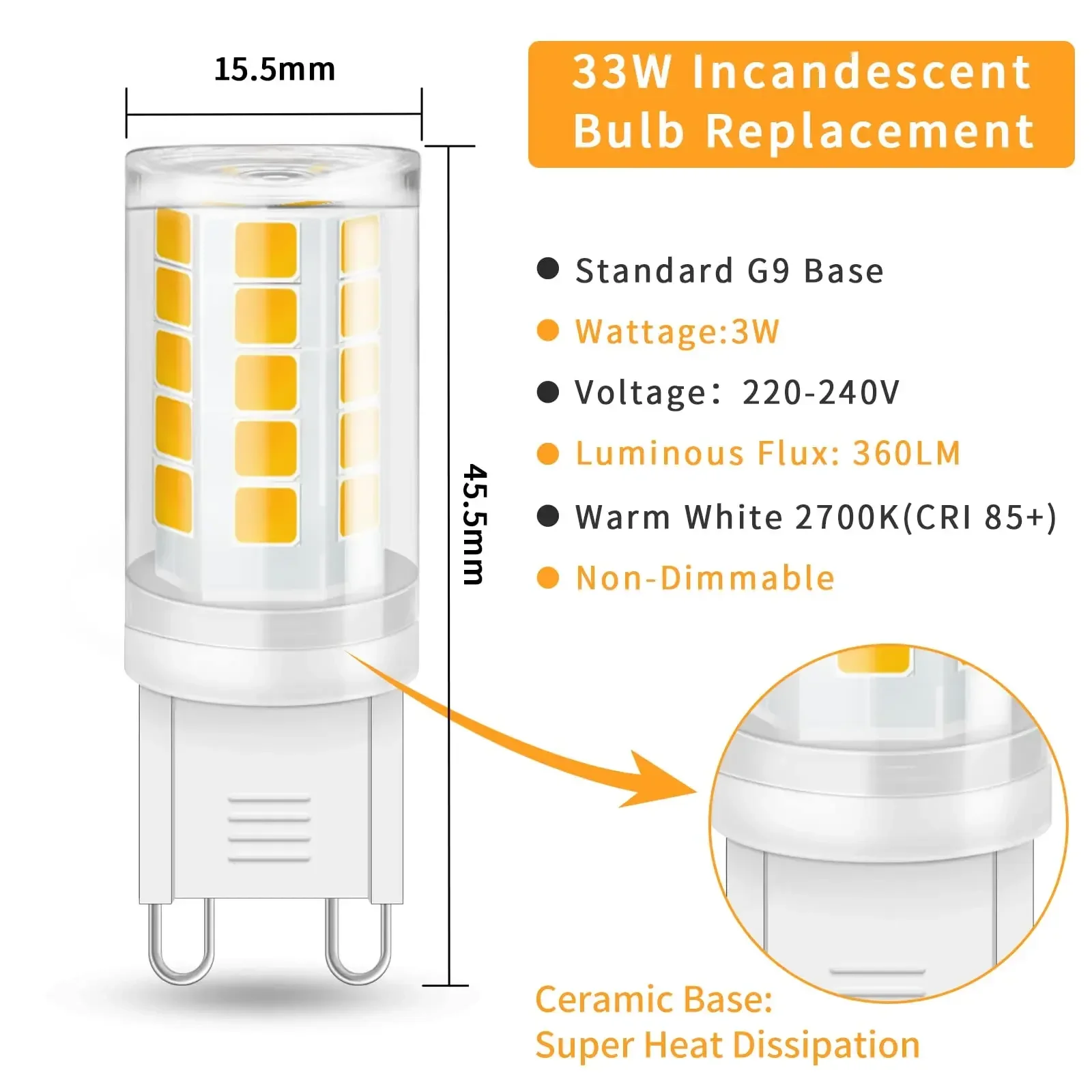 8 팩 G9 LED 전구 2700K 3W 33W 할로겐 상당 LED 램프 220V G9 전구 샹들리에 360LM 비디밍 가능 홈 조명