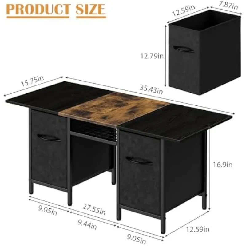 Modern Coffee Tables for Living Room 35'' Small Rectangle Coffee Table with 2 Large Fabric Storage Drawers and Metal Shelf, Wood 5