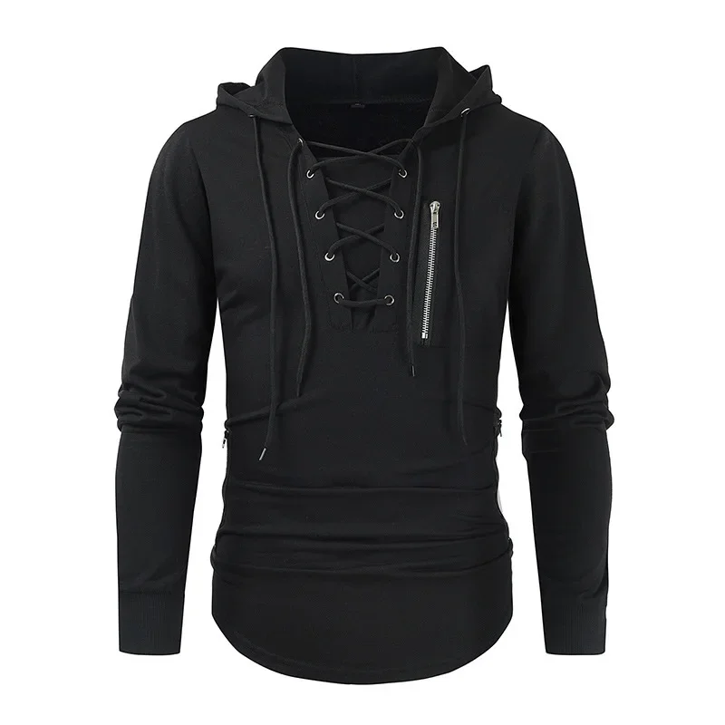 Men's Spring And Autumn Hooded Polo Shirt Solid Color Zipper Pocket Sports Streetwear Hooded Sweater Training Set