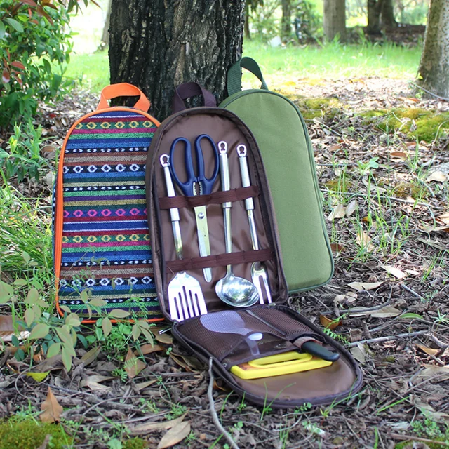 7pcs Camping Kitchen Utensil Set with Carrying Bag BBQ Beach Hiking Travel Organizer Storage Pack Cook Gadgets Equipment Gear 5