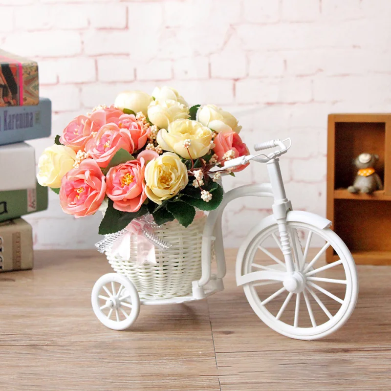 

Rattan Bike Vase with Silk flowers Colorful Mini Rose flower Bouquet Daisy Artificial Flores For Home Wedding Decoration
