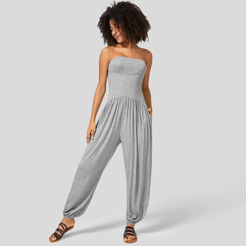 Women's Summer New Solid Color Casual Strapless Waist Cinching Lantern Loose Bound Women's Jumpsuit 2024