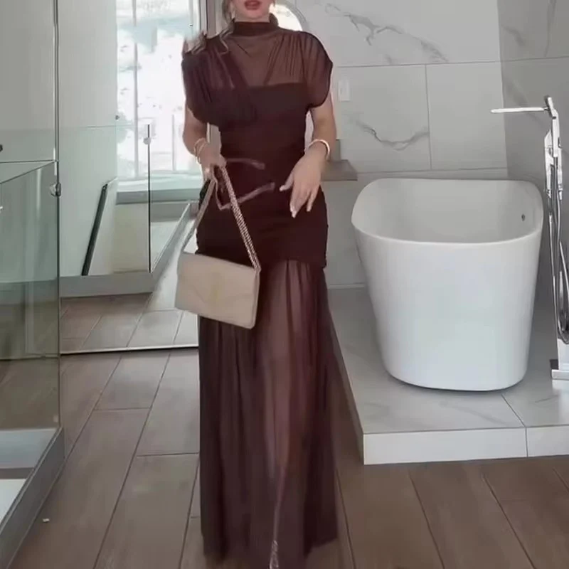 Gauze Wrinkle Splicing Long Dresses for Women Summer Backless Sexy Dress 2025 New Fashion Female Elegant Party Dresses