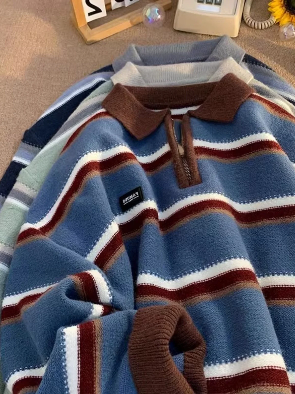 Retro Striped f Zip  Ne Sweater ex Winter Loose Lazy Sle Small ence Design Top Youth Vitali Sle Long S...