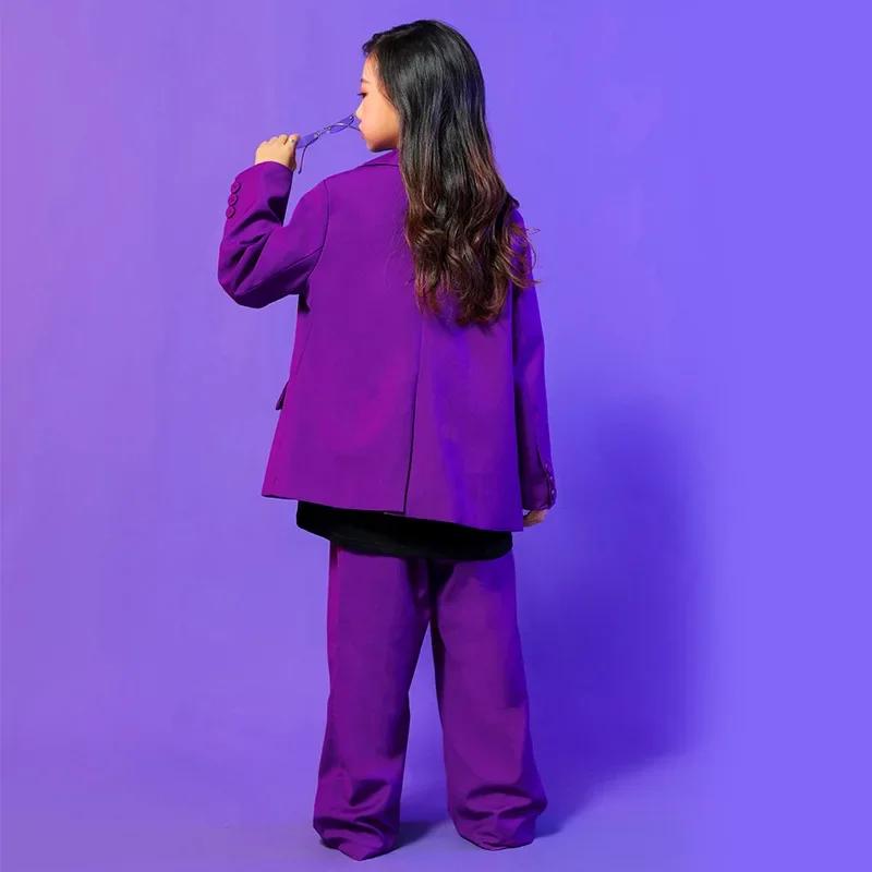 Costumi di danza Jazz per bambini bambini tuta Hip Hop viola giacca Blazer pantaloni larghi abiti moderni Kpop set da palcoscenico per ragazza adolescente