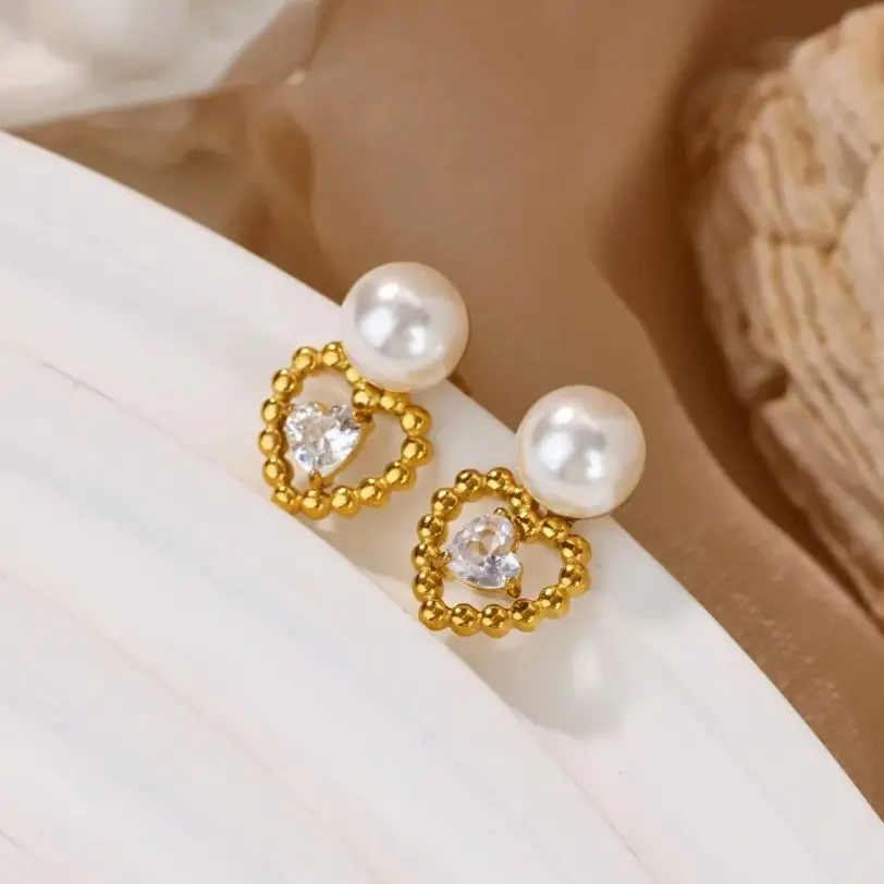 Elegant Imitation Pearl Zircon Heart Earrings For Women