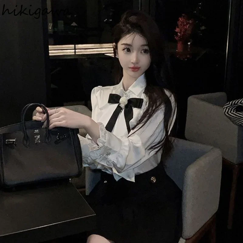 흰색 긴 소매 블라우스 여성 빈티지 느슨한 한국 프릴 우아한 셔츠 기질 숙녀 탑 2025 Blusas Mujer De Moda