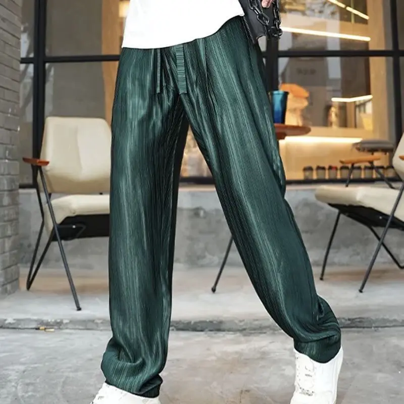 2024 New Summer Men Chinese Style Striped Fashion Multicolor Satin Texture Cool Sensation Breathable Loose Wide Legs Pants
