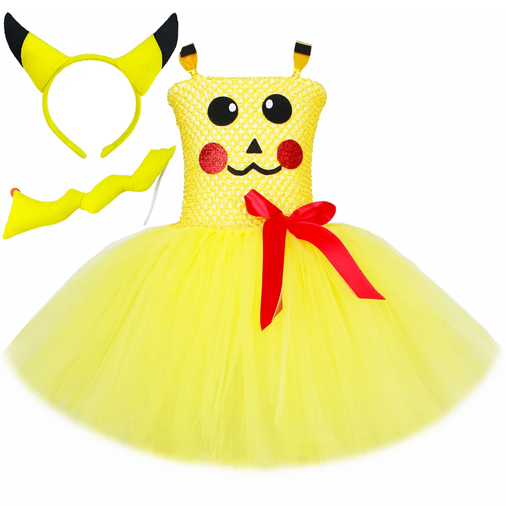 

Pocket Monster Pikach Costume for Girls Yellow Cartoon Tutu Dress Cosplay Anime Halloween Costumes for Kids Carnival Party Dress