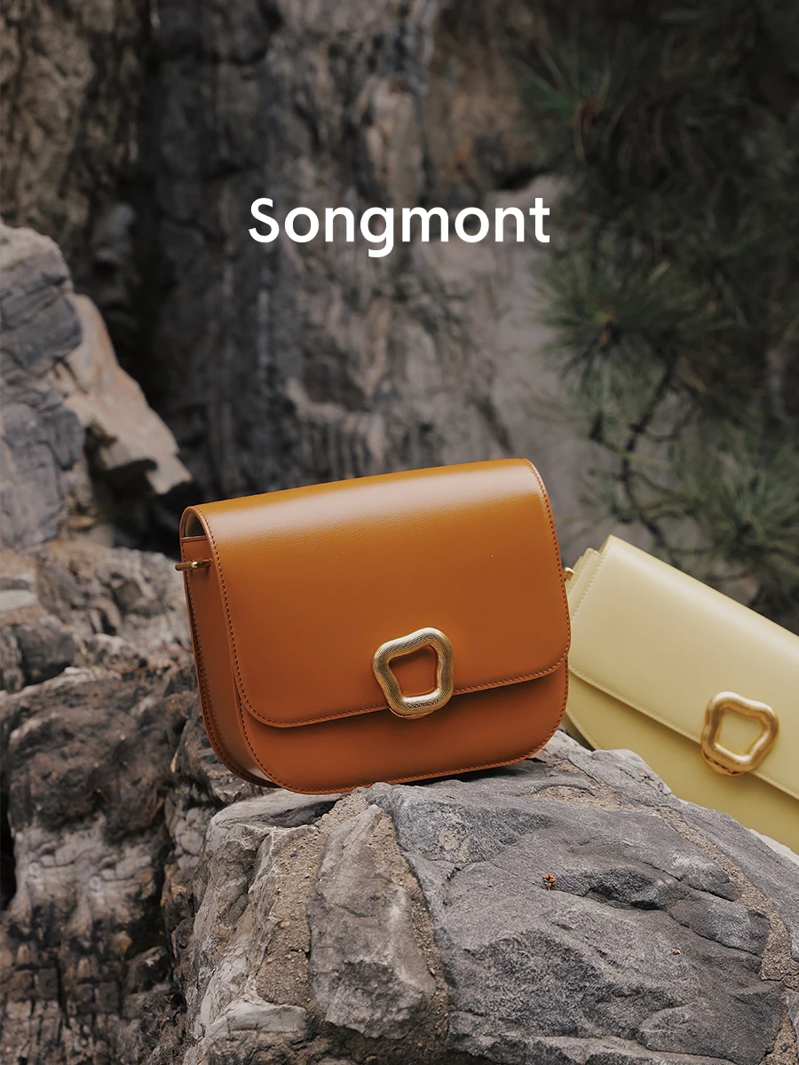 Songmont-couro couro Tofu Bag para as mulheres, Top grão, sacos de ombro, Crossbody Bag, Praça Flap Bag, Reset Médio