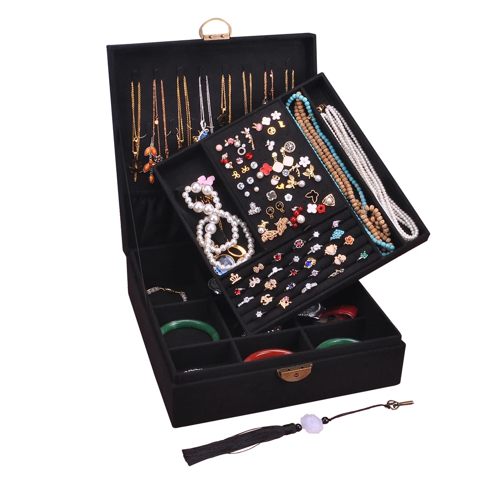 Tabletop 2 Layers Jewelry Box Large Stackable Suede Necklace Stud Earrings Organizers Jewelry Suitcase Lockable Green Pink Navy 1pcs velvet jewelry storage box necklace stackable display tray bracelet earring organizers diy handicrafts jewelry holder box