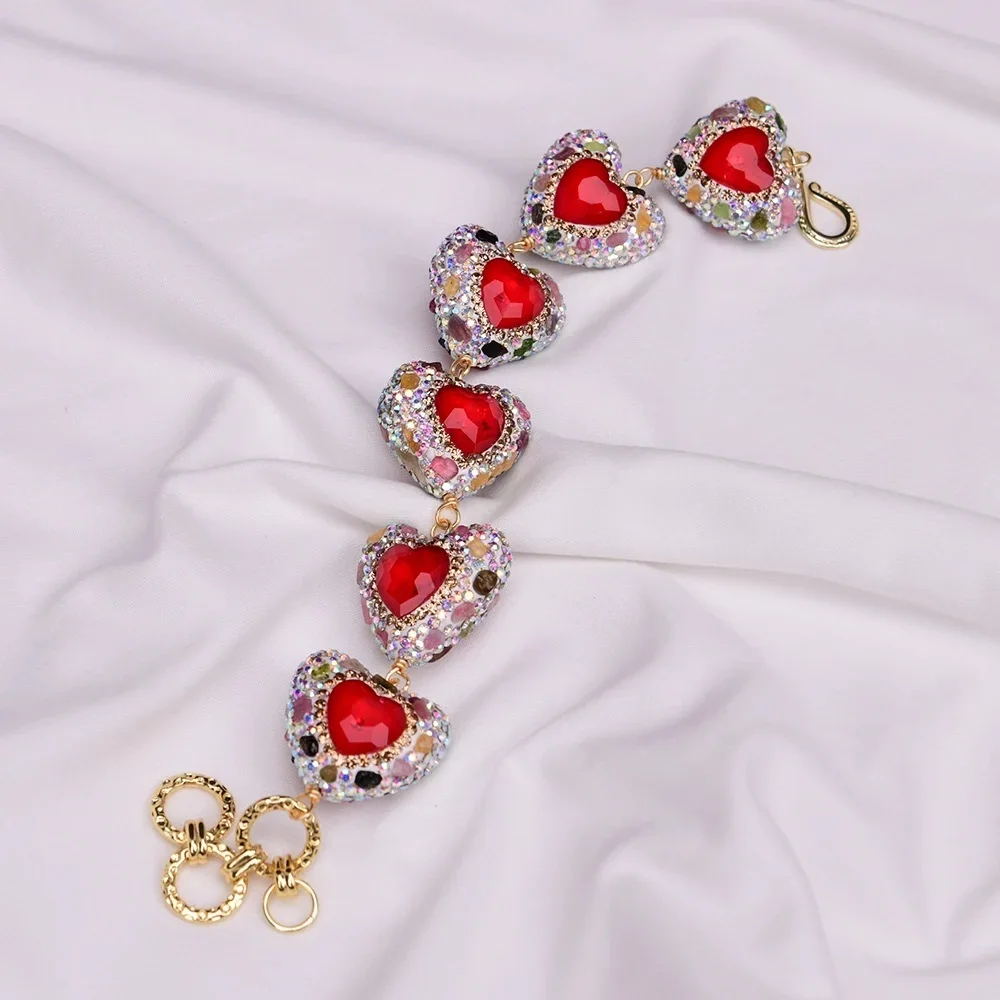 

8'' Cute Red Crystal Heart Shaped Colorful Tourmaline CZ Paved Beaded Bracelet For Lady Party