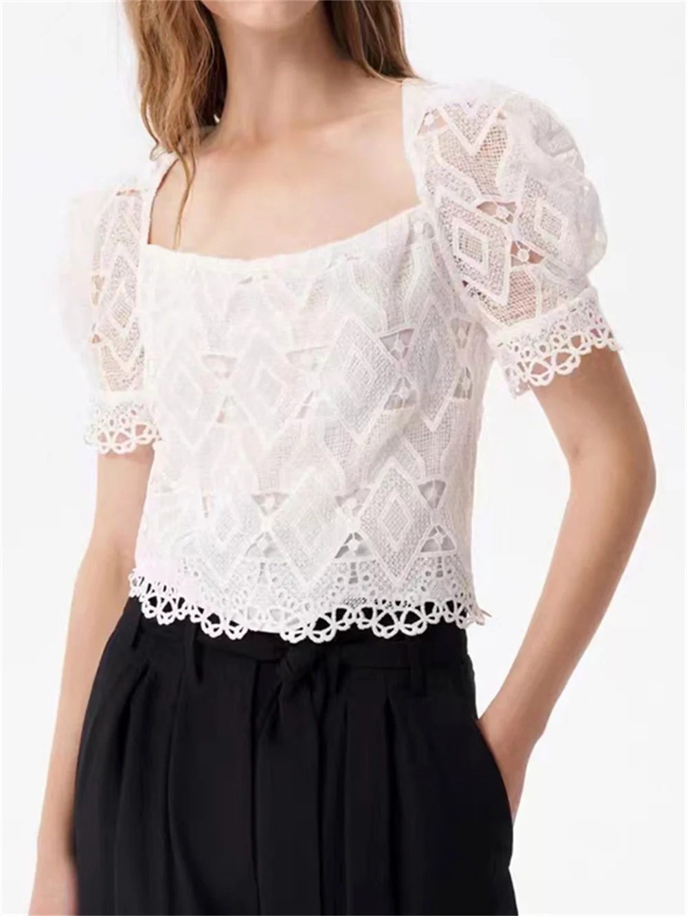 

Summer New Women Lace Geometric Pattern Hollow Out Blouse Ladies Square Collar Short Puff Sleeve Lace Up Sweet Shirt