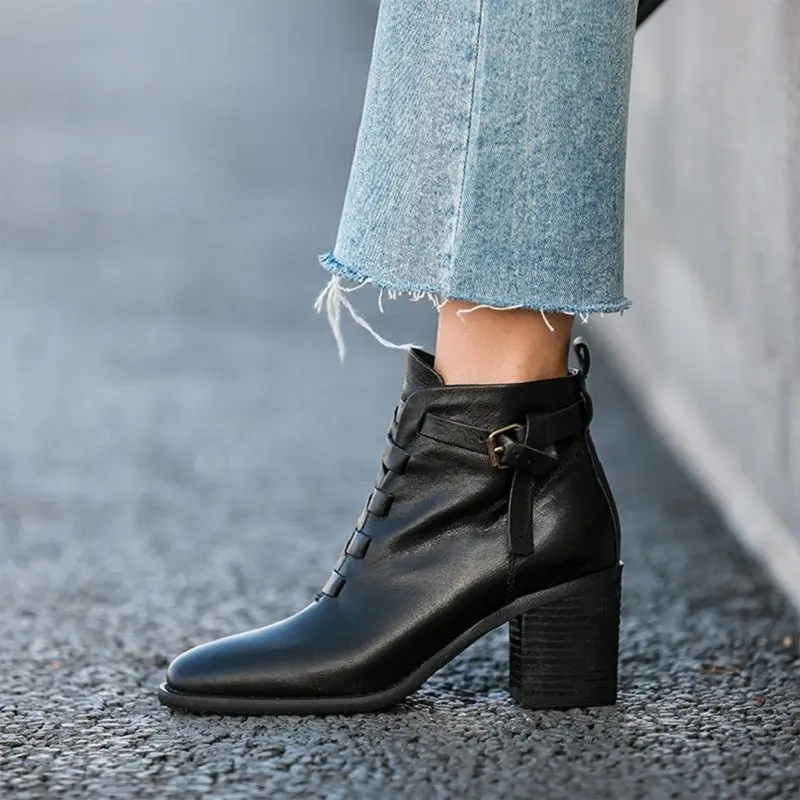 

Autumn Spring Women European Style Women Winter Boots Thick High Heels Side Zip Buckle Ankle Boots Concise Cowhide Ladies Shoes