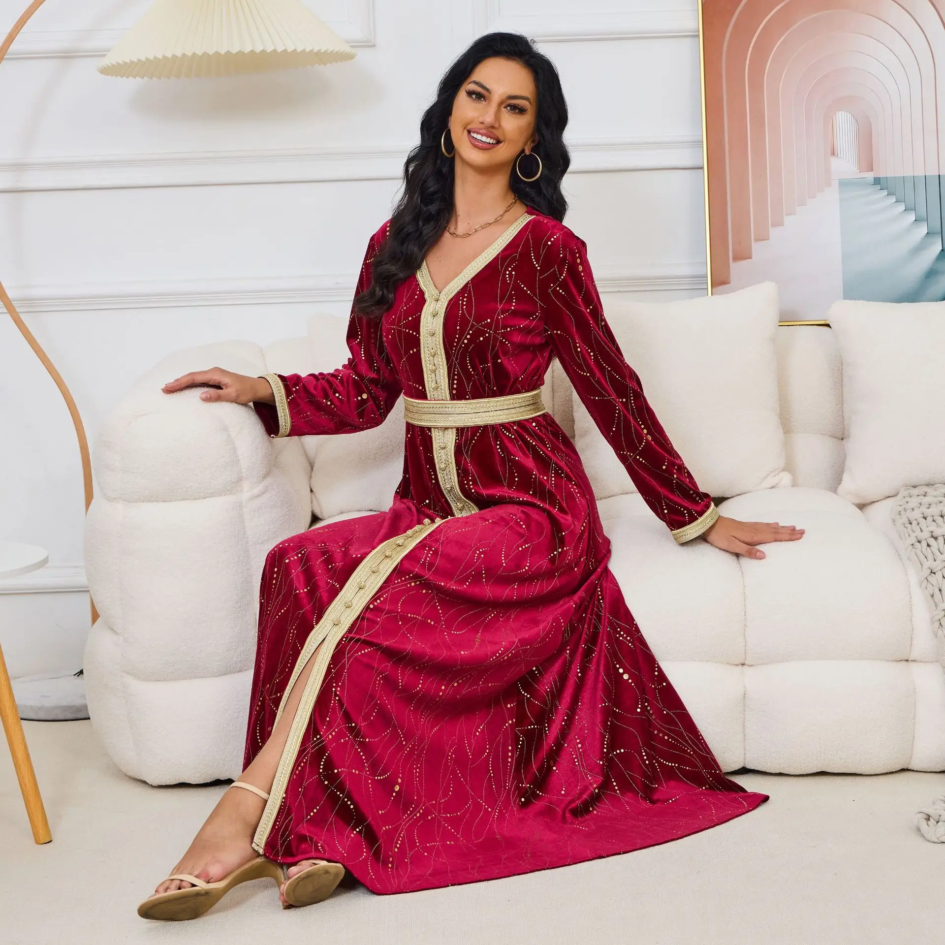 Velvet Autumn Winter Gold Stamping Fashion Red Evening Gown Elegant Long Sleeve V-Neck Abaya with Sashes Muslim Women