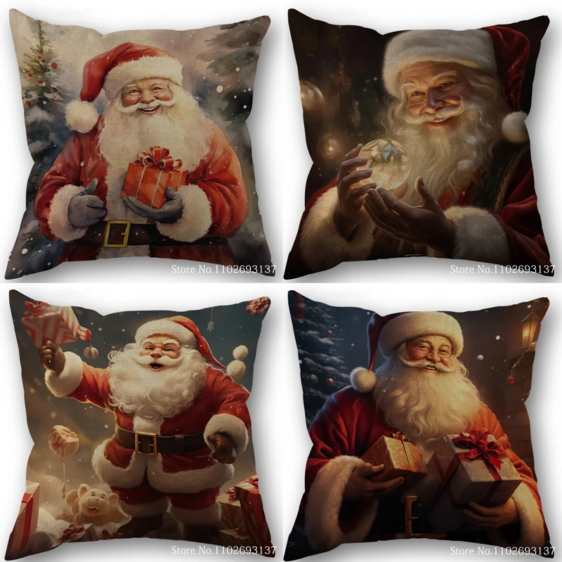 

45X45cm Santa Claus Christmas Throw Pillow Cover Square Zipper Cotton Linen Pillow Cases Bedroom Office Decorative Pillowcase