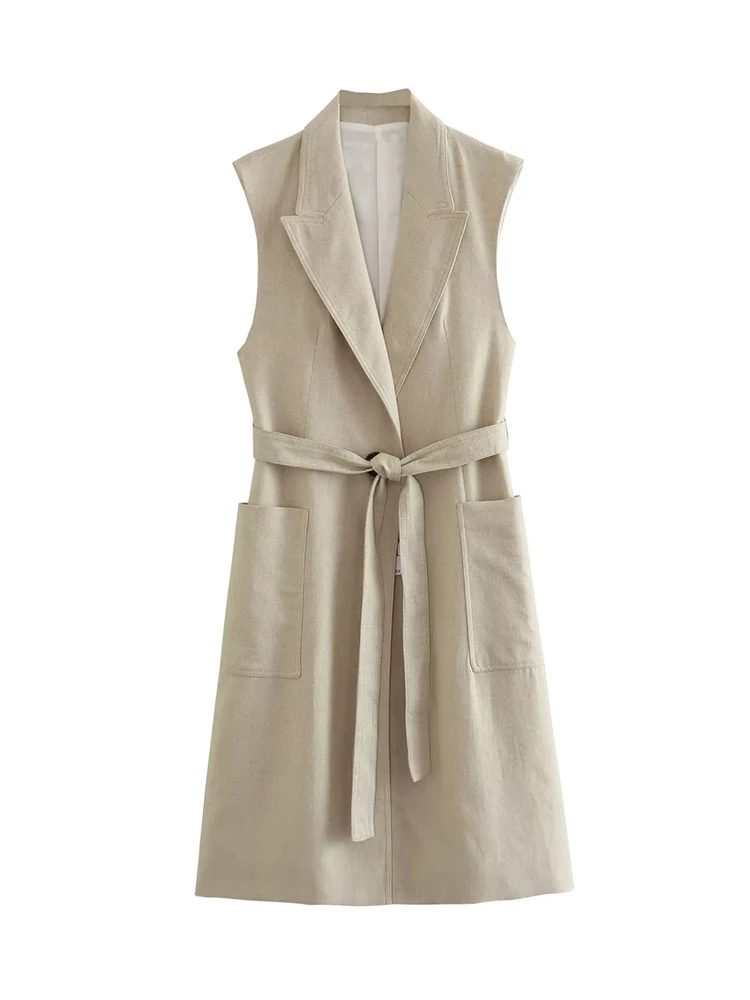 

DUOPERI Women Fashion With Belt Khaki Single Button Sleeveless Jacket Vintage V-Neck Vest Female Office Lady Waistcoats