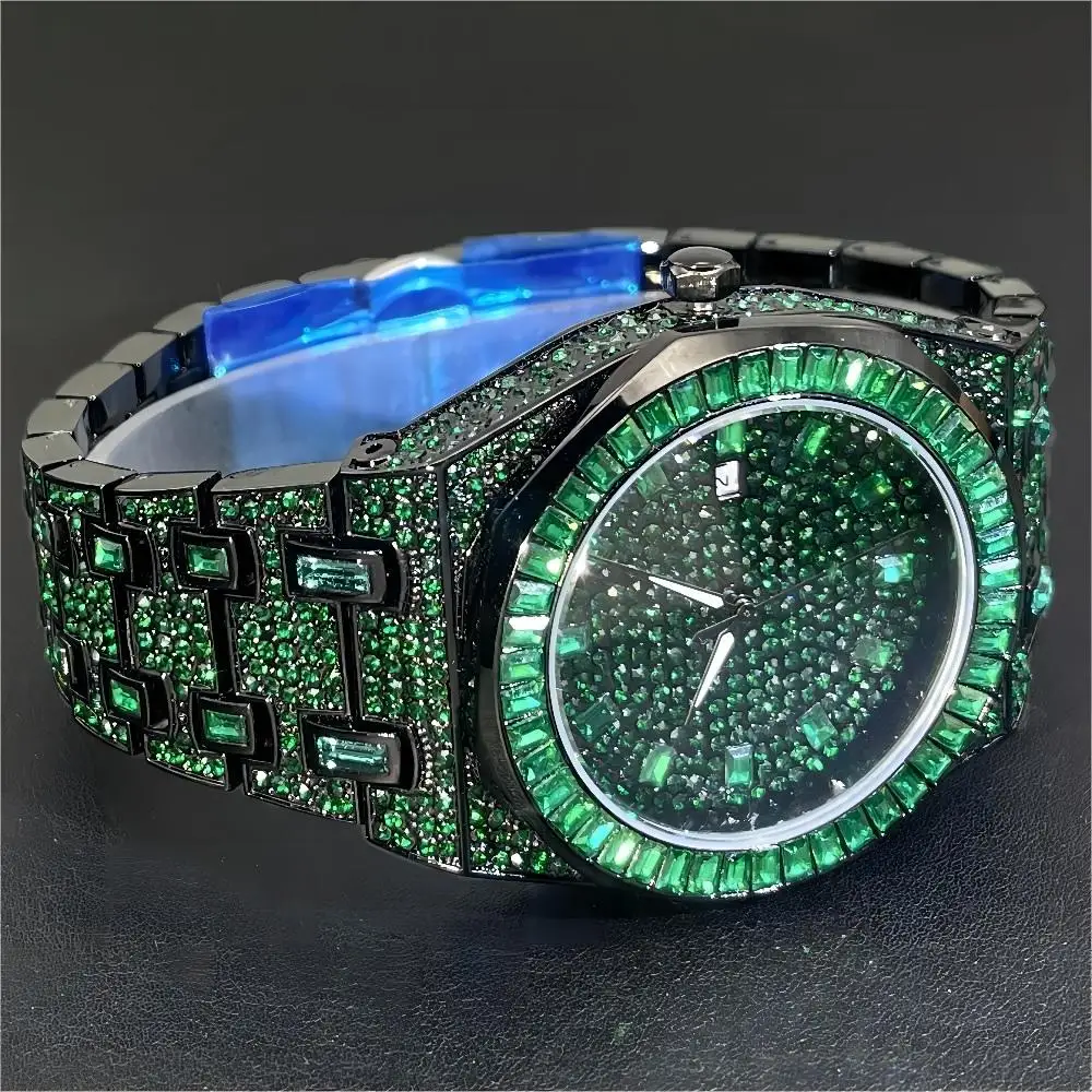 MISSFOX Fashion Green Watch For Mens Luxury Iced Out Quartz Watch