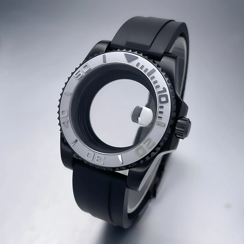 All-Black Sub Style Watch Case with Rubber Strap and Sapphire Crystal