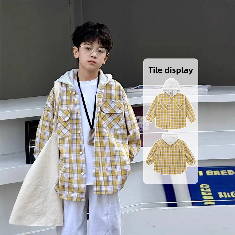 Boys Plaid Shirt with Hood Color Block Stylish Top Korean Version Cross Cultural Children's Clothing from Mainland China