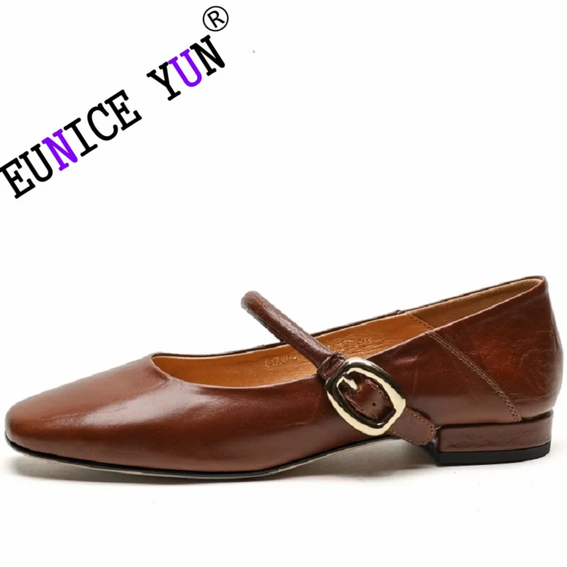 

【EUNICE YUN】Natural Sheepskin Mary Jane Shoes for Women Strap Buckle Comfort Concise Flats Square Toe Shoe Spring 33-40