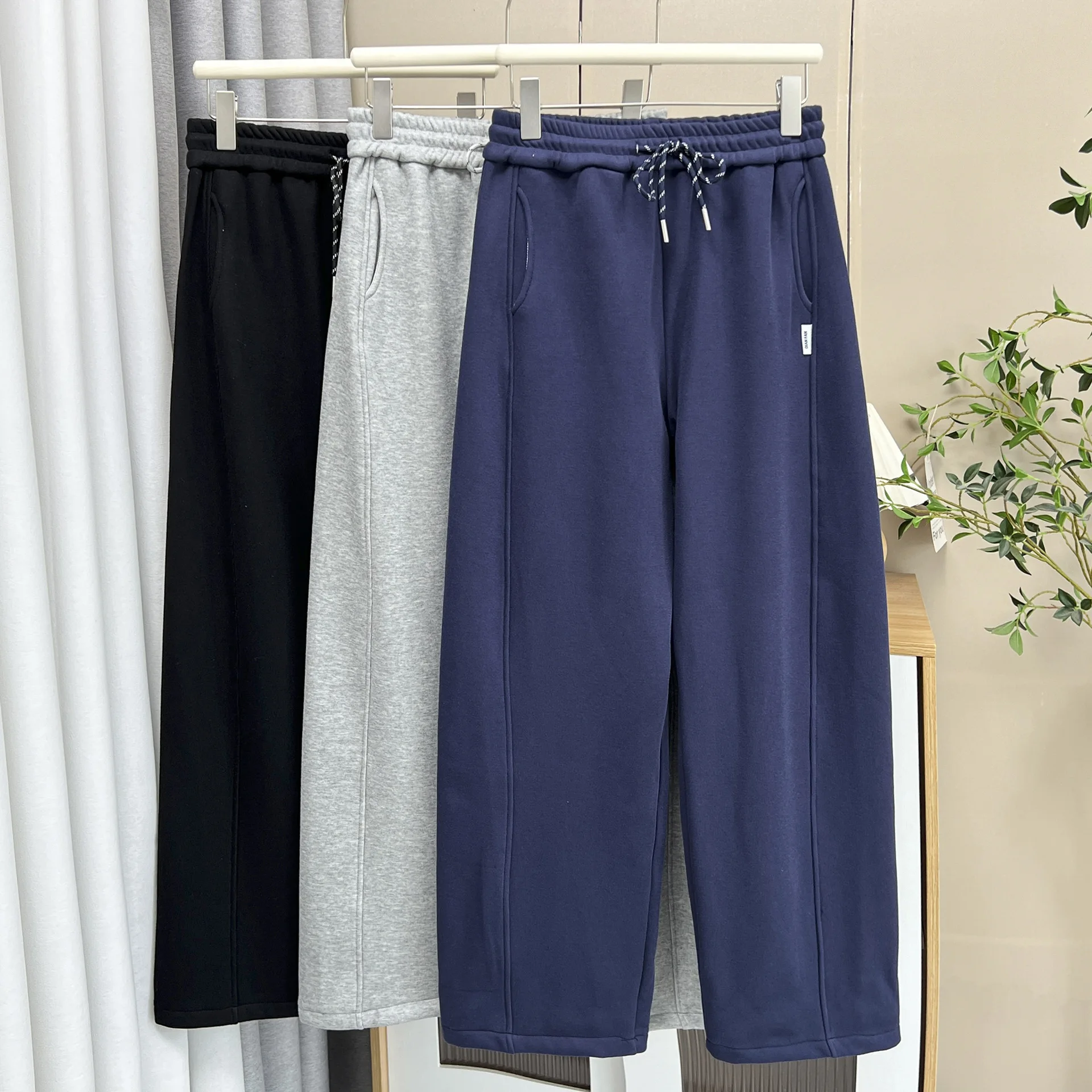 XXXXL Fashion Plus Size Women's Wide Leg Pants Winter Style Simple Casual Fleece And Thickened Banana Straight Trousers 2566