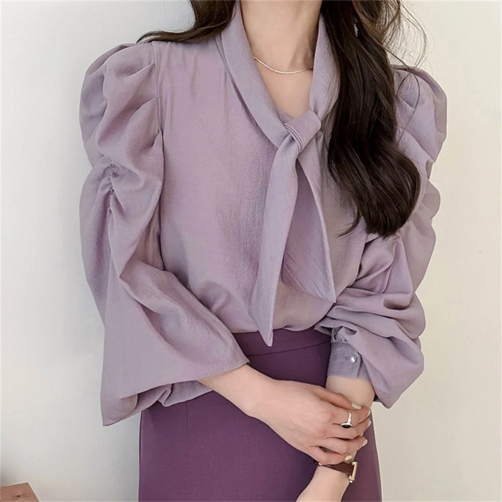 

Alien Kitty French Shirts Women Lantern Sleeve V-Neck Solid Minimalist 2023 Spring Retro Elegant Work Wear Slim OL Blusas