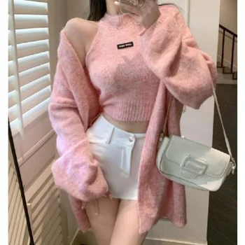 2025 Winter Fashion Women's Solid Cashmere Sweater Long Sleeves Loose Warm Cardigan+Sleeveless Knitting Tank Gentle Casual Tops
