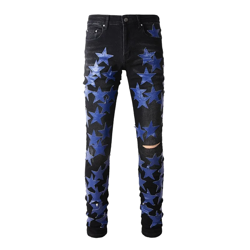 

A890 fashion black jeans ripped skinny jeans men stretch leather accident blue pencil pentagram