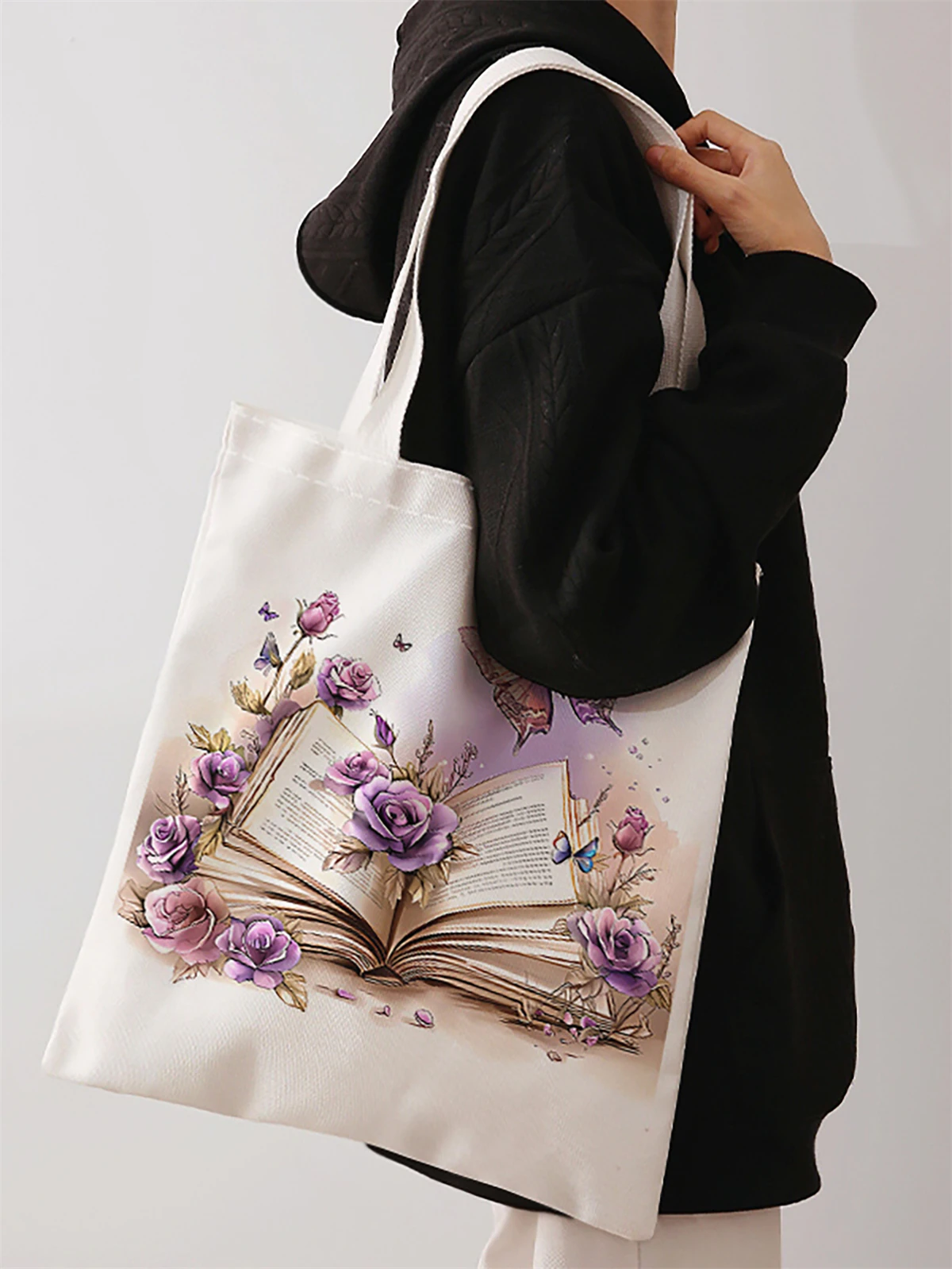 Butterfly and book printed casual handbag, reusable fashionable backpack, multifunctional handbag, canvas shopping bag
