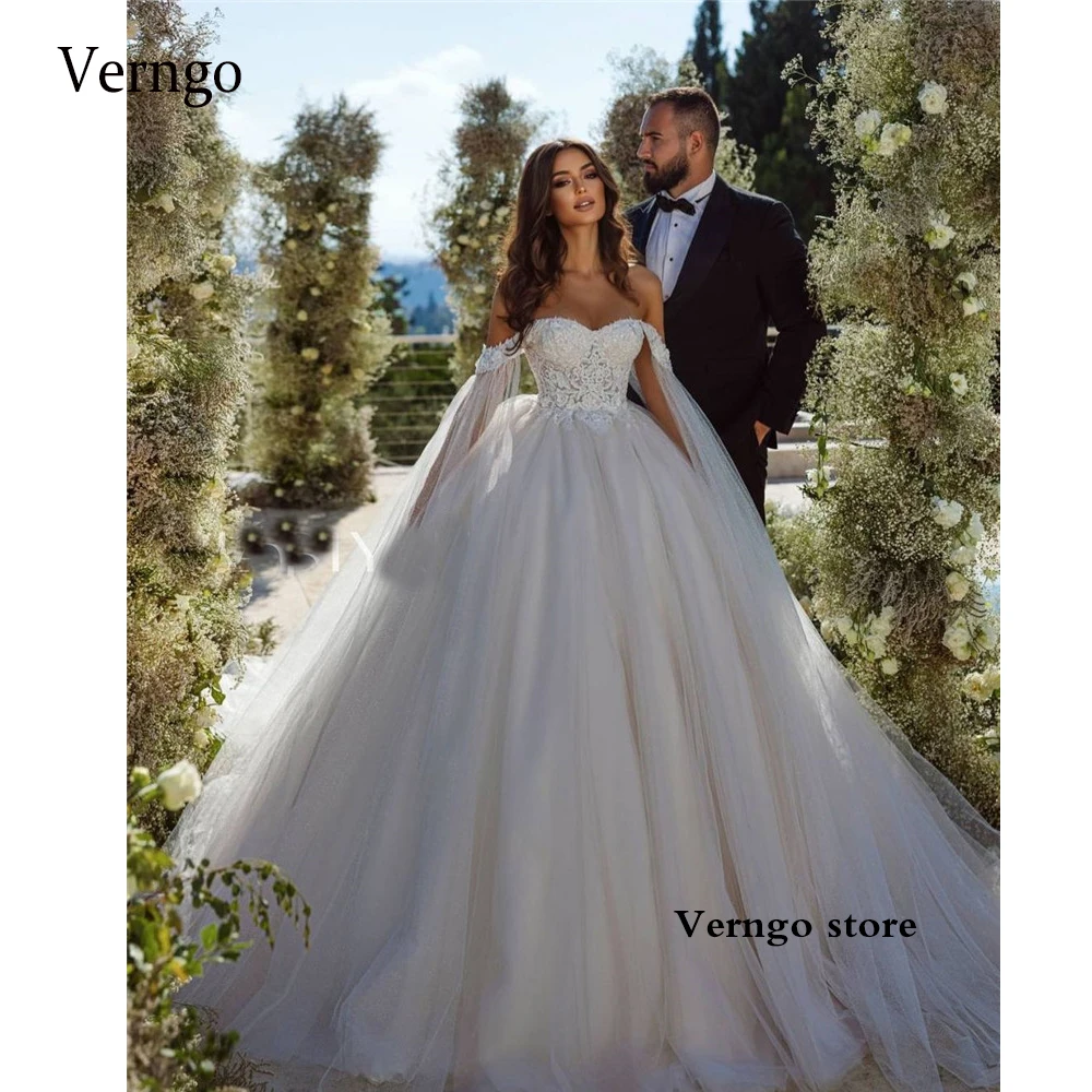 

Verngo Dubai Arabic Soft Tulle Princess Ball Gown Wedding Dresses Off Shoulder Lace Long Cape Sleeves Chapel Train Bridal Gowns