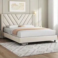 Queen Upholstered Platform Bed Wingback Tufted Headboard Wooden Slat Support No Box Spring Needed Beige Customized 3