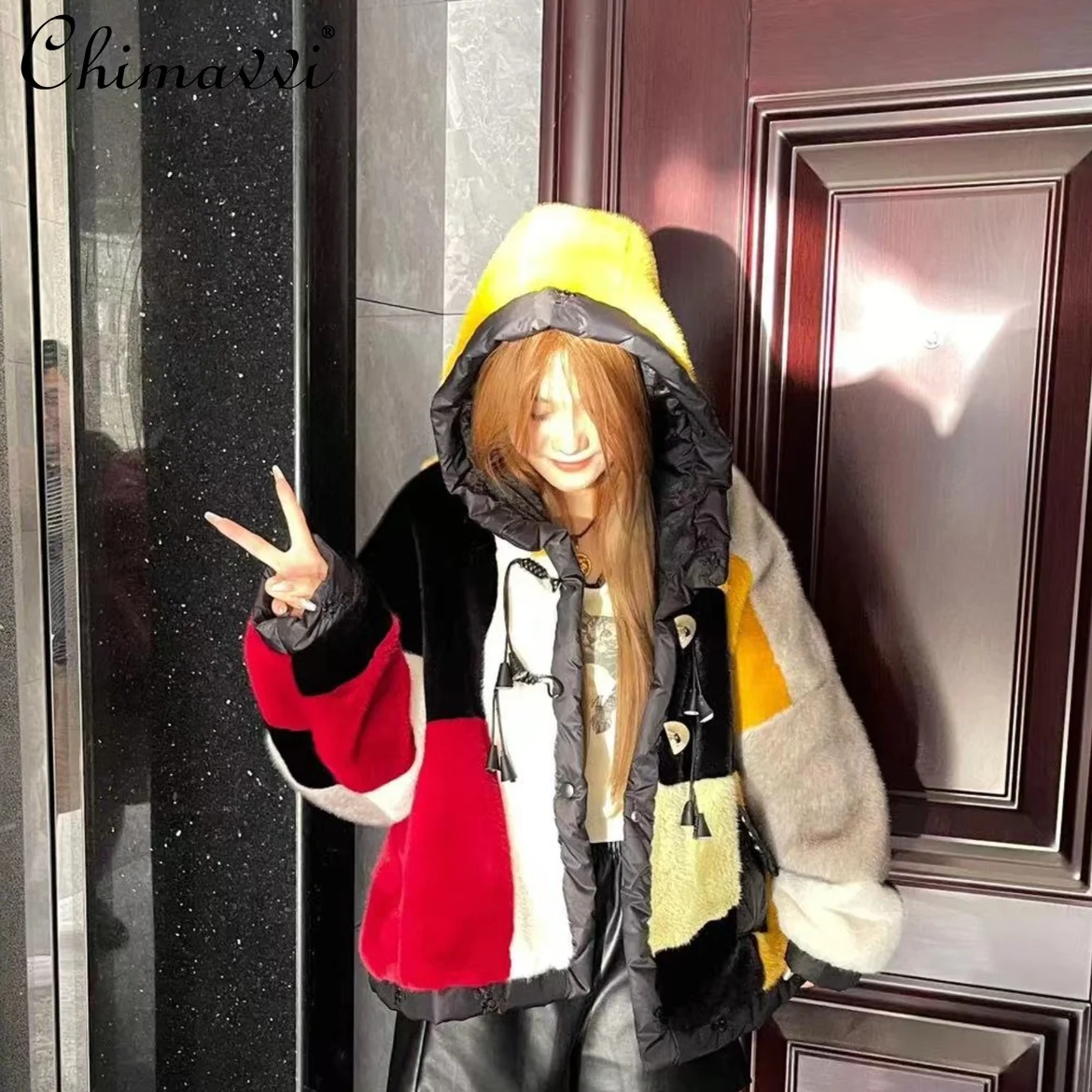 

European Goods Fur Streetwear Long Sleeve Women Warm Hooded Jacket 2023 Winter Clothes Fashion Thick Casual Loose Fur Coat