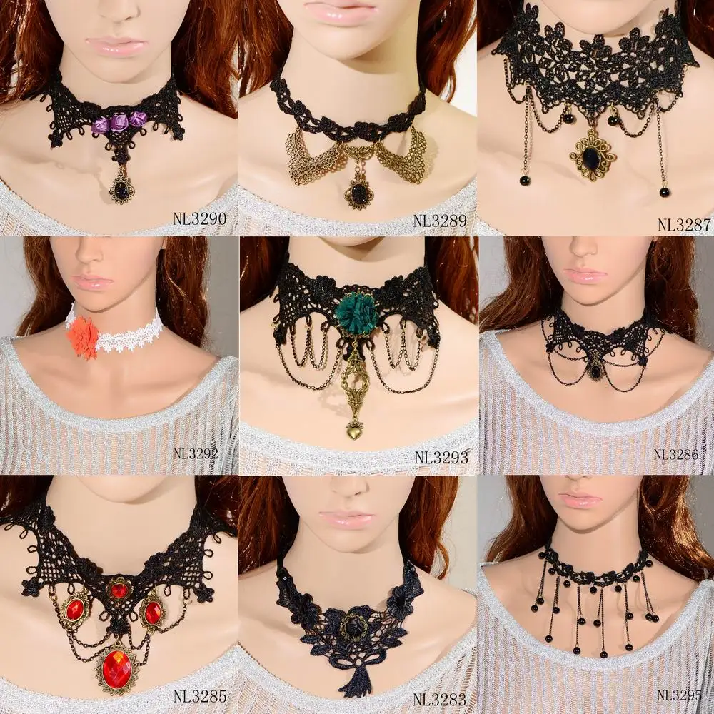Women's Lace Choker Necklace with Beads Chain Pendants
