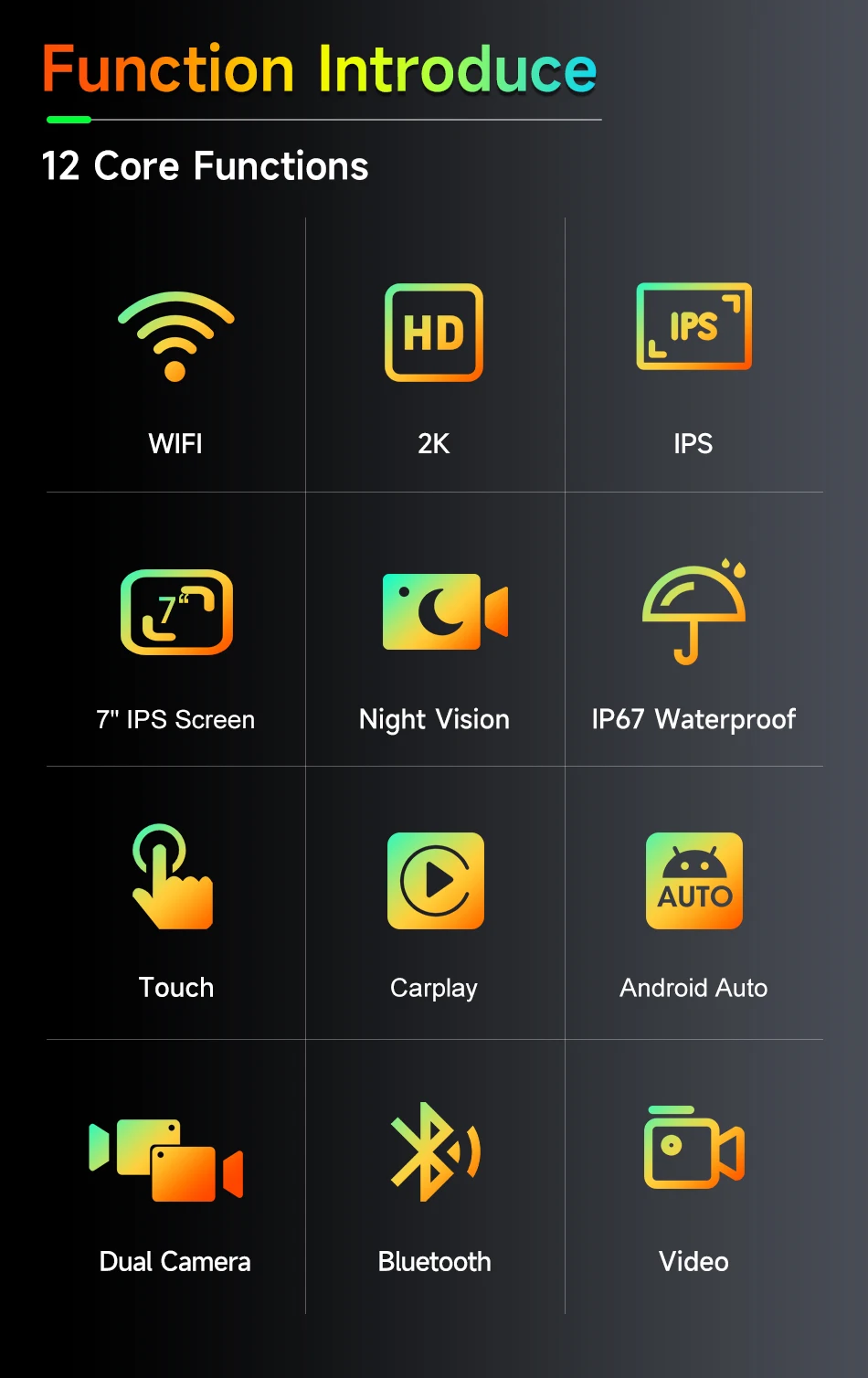Srnubi 7" Zoll 2K HD Motorrad DVR Wireless CarPlay Android Auto Airplay Tragbarer Monitor GPS-Navigation IP67 Wasserdicht BT5.0 – Detail 3