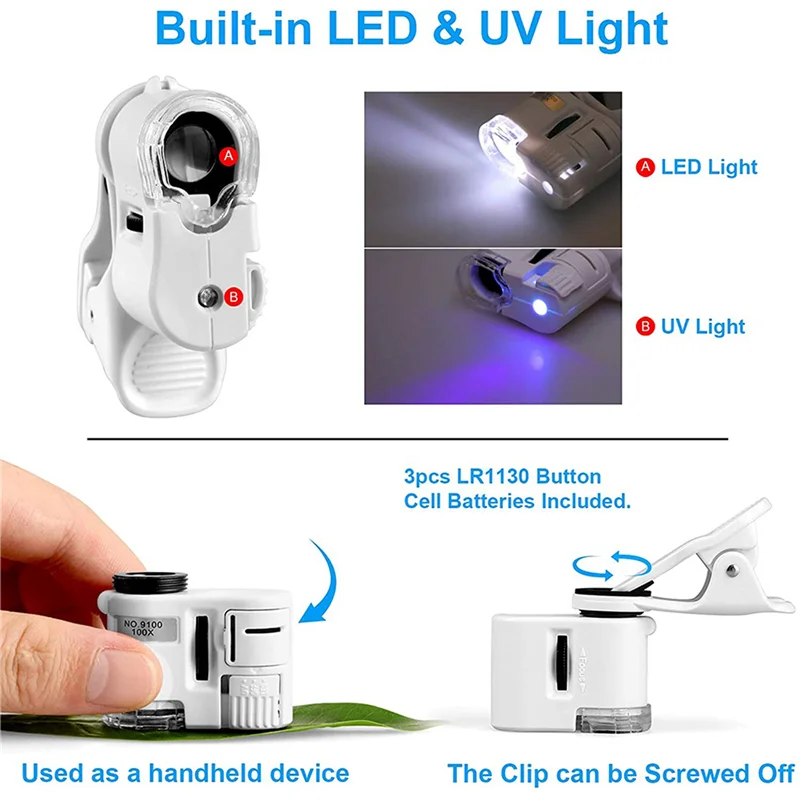 AEE9-4 Pcs 100X 줌 클립 온 현미경, LED 조명, 휴대용 돋보기 루페 포켓 돋보기 렌즈 유리