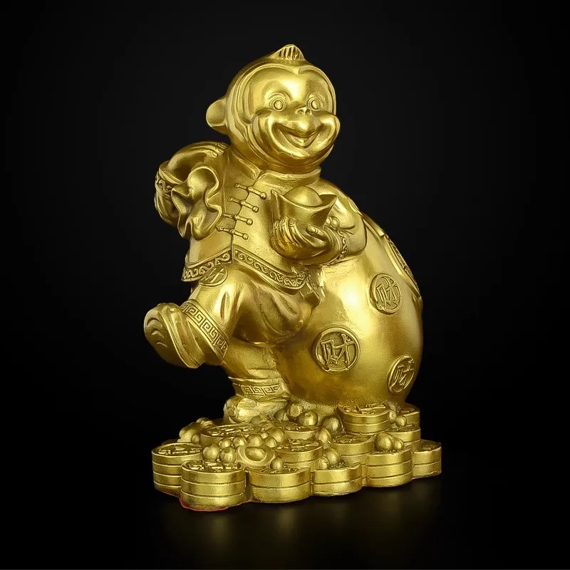 Brass Monkey Figurine Chinese Zodiac Statue - Money Holding Golden Monkey for Wealth & Luck, Home Office Desk Decor, Unique Gift