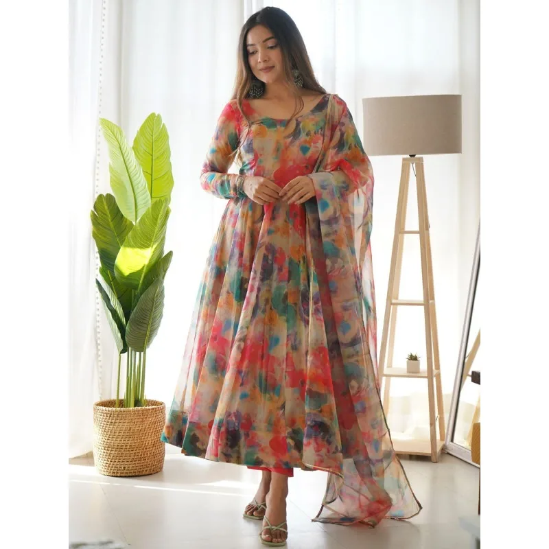Fully Stitched Organza Fabric Anarkali Long Gown Salwar Suit Kurti Palazzo Dress