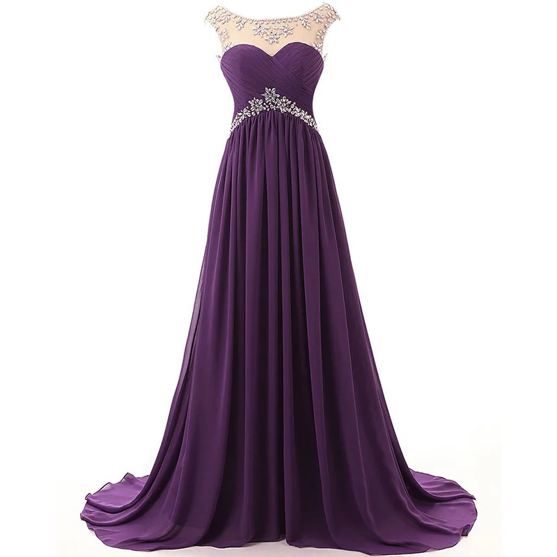 A Line Boat Neck Chiffon Beading Crystals Evening Bridesmaid Dresses