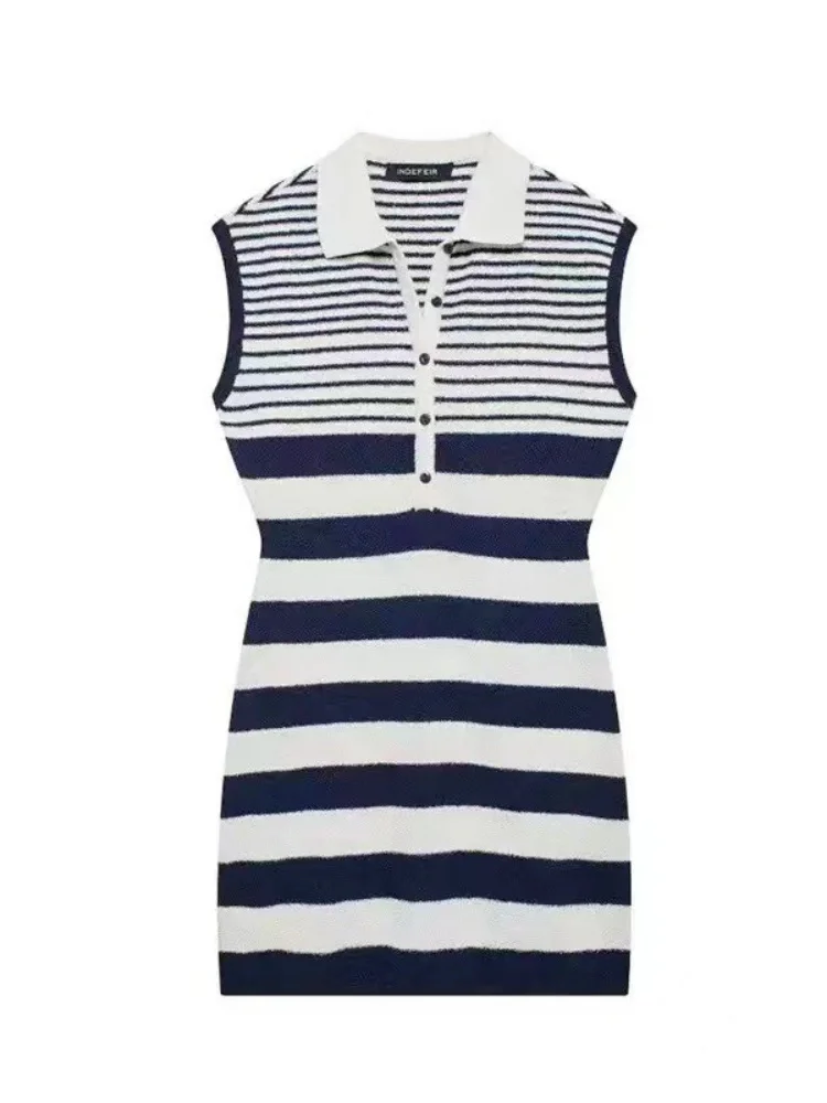 Wmstar Dress Women Wholesale Striped Mid Length Skirt Lapel Sleeveless Slim Fit Knitted Button New in Summer Dress Drop Shopping