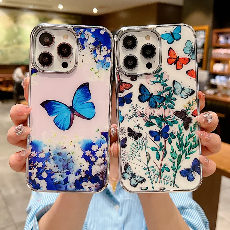 Galvanisierte Malerei Frische Blumen Telefonhülle für iPhone 14 Pro Max 14Pro 13Pro 13 Weicher TPU-Rahmen Harter PC Mode Rückseite_voghion.com