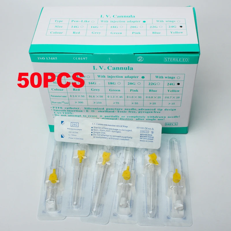 50pcsIVCannulaWithInjectionPort20G22G24GButterflyIVCatheter