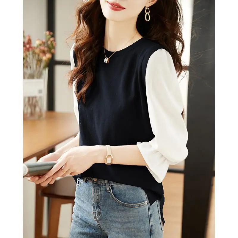 Sweet O-Neck Spliced Butterfly Sleeve Fake Two Pieces Blouses Female Clothing 2024 Spring New Loose Casual Tops Korean Shirts