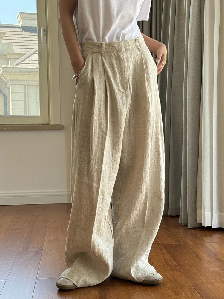 [LANMREM] Minimalism Linen Sunscreen Pants For Women High Waist Straight Wide Leg Trousers Office Lady 2024 Summer New 26D9337