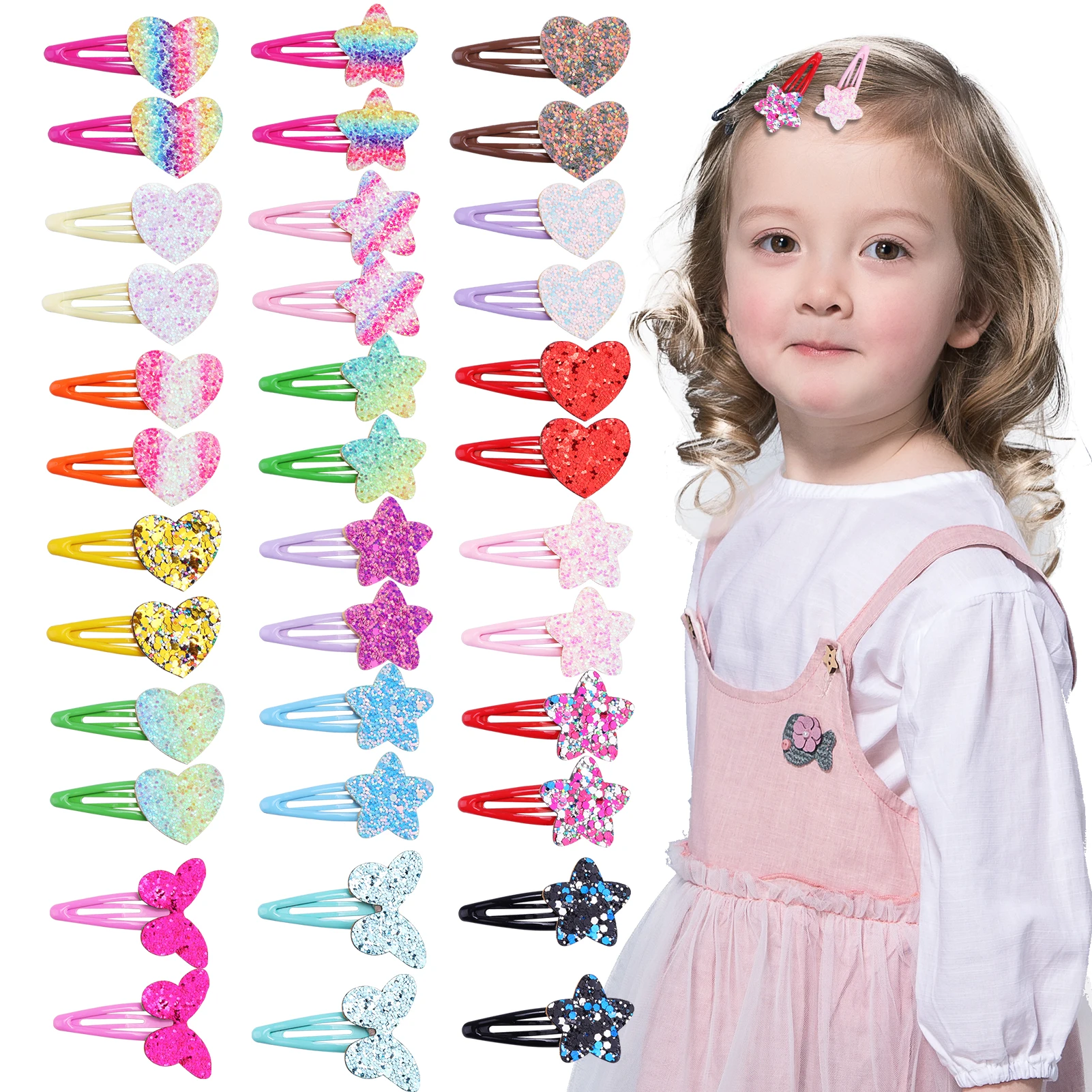 72pcs Wholesale Glitter  Hair Clips for Girls Diamond Sparkle Sequins Heart Clips Butterfly Rainbow Ponytail Accessories