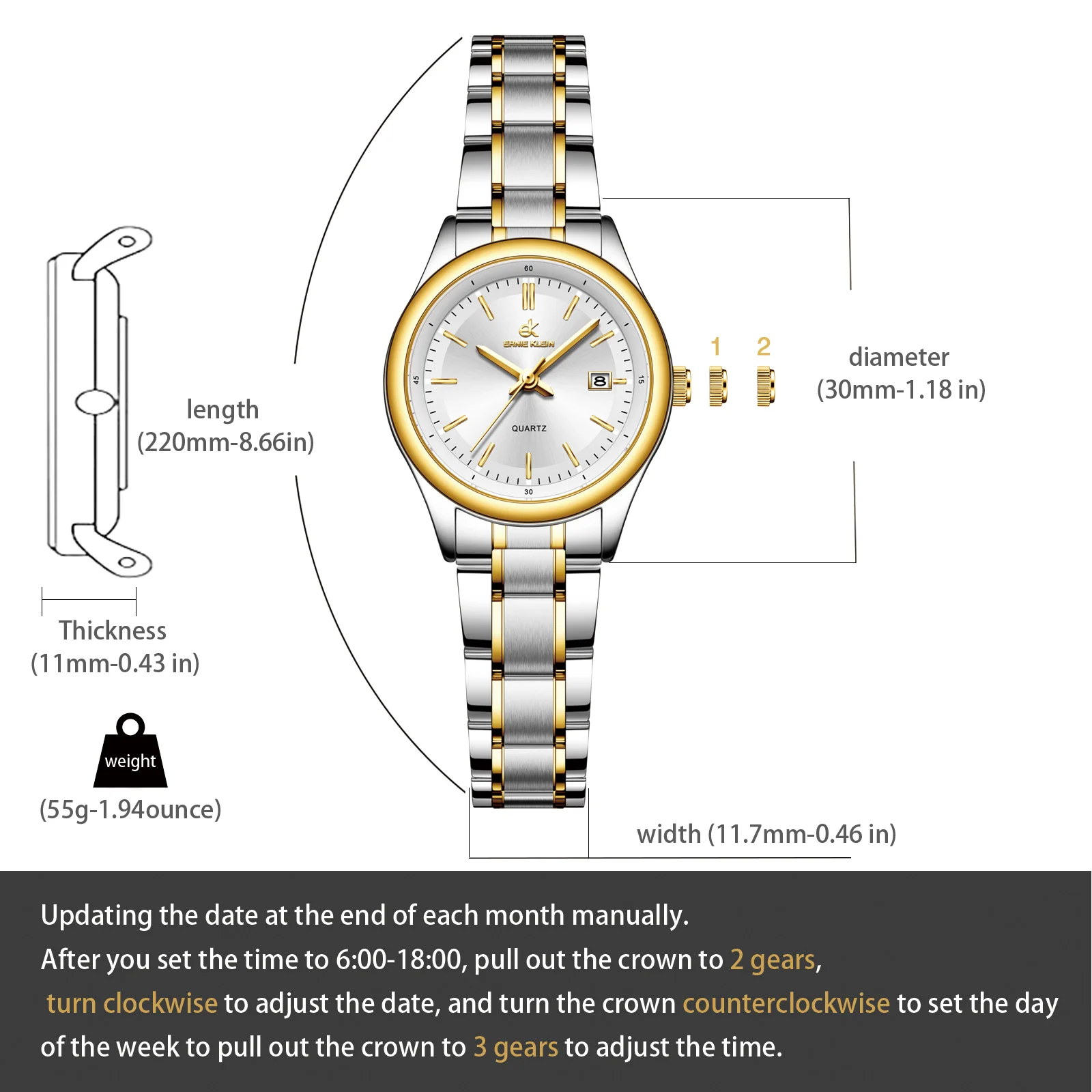 ERNIE KLEIN Women’s Watch Luxury Gold Watch OriginalDate Week Stainless Steel Waterproof Luminous Elegant Dress Ladies' Watches 6