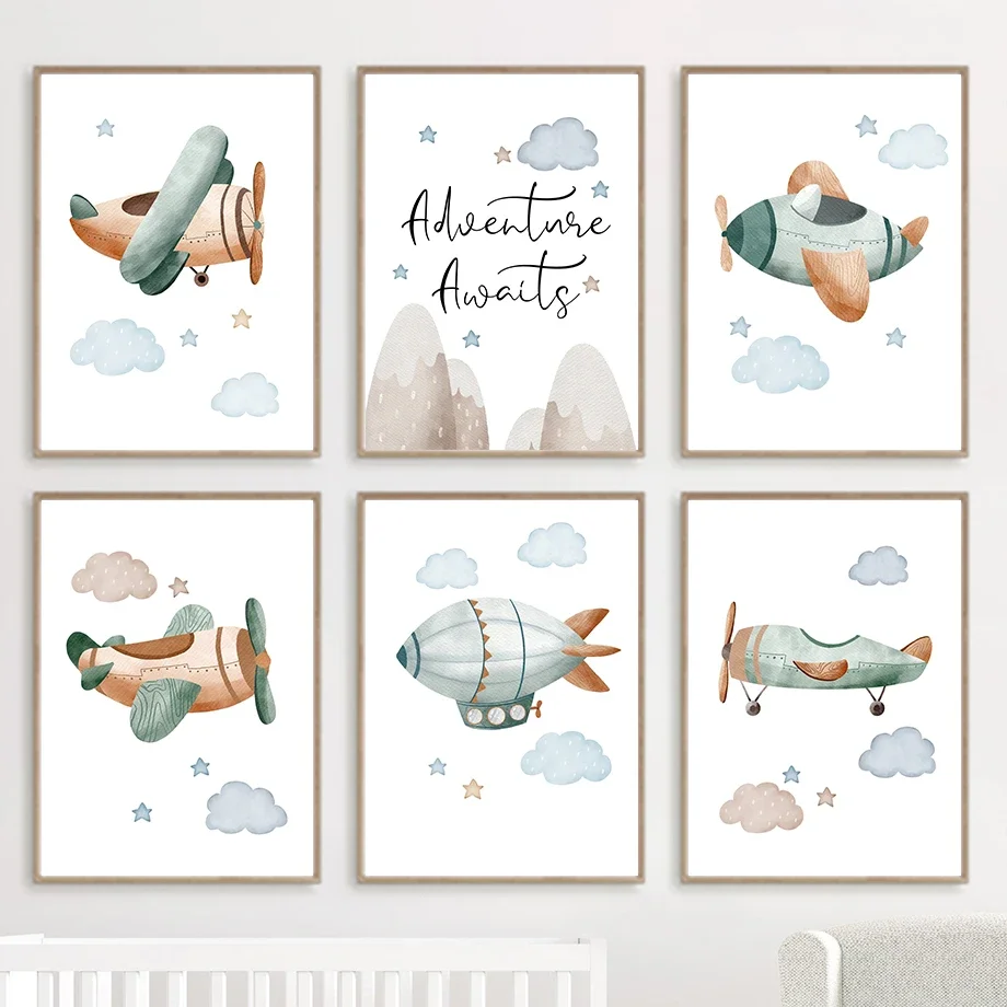 

Cartoon Aircraft Spaceship Mountain Wall Art Canvas Painting Nordic Posters And Prints Nursery Wall Pictures For Kids Room Decor